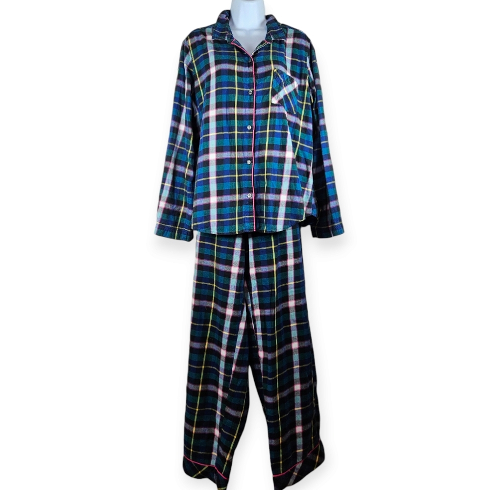 Victoria's Secret green purple blue pink plaid flannel pajamas Womens Large - Picture 2 of 5